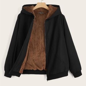 Shein Juniors Black Hooded Zip Up Jacket Brown Teddy Plush Lining Size 11-12YR
